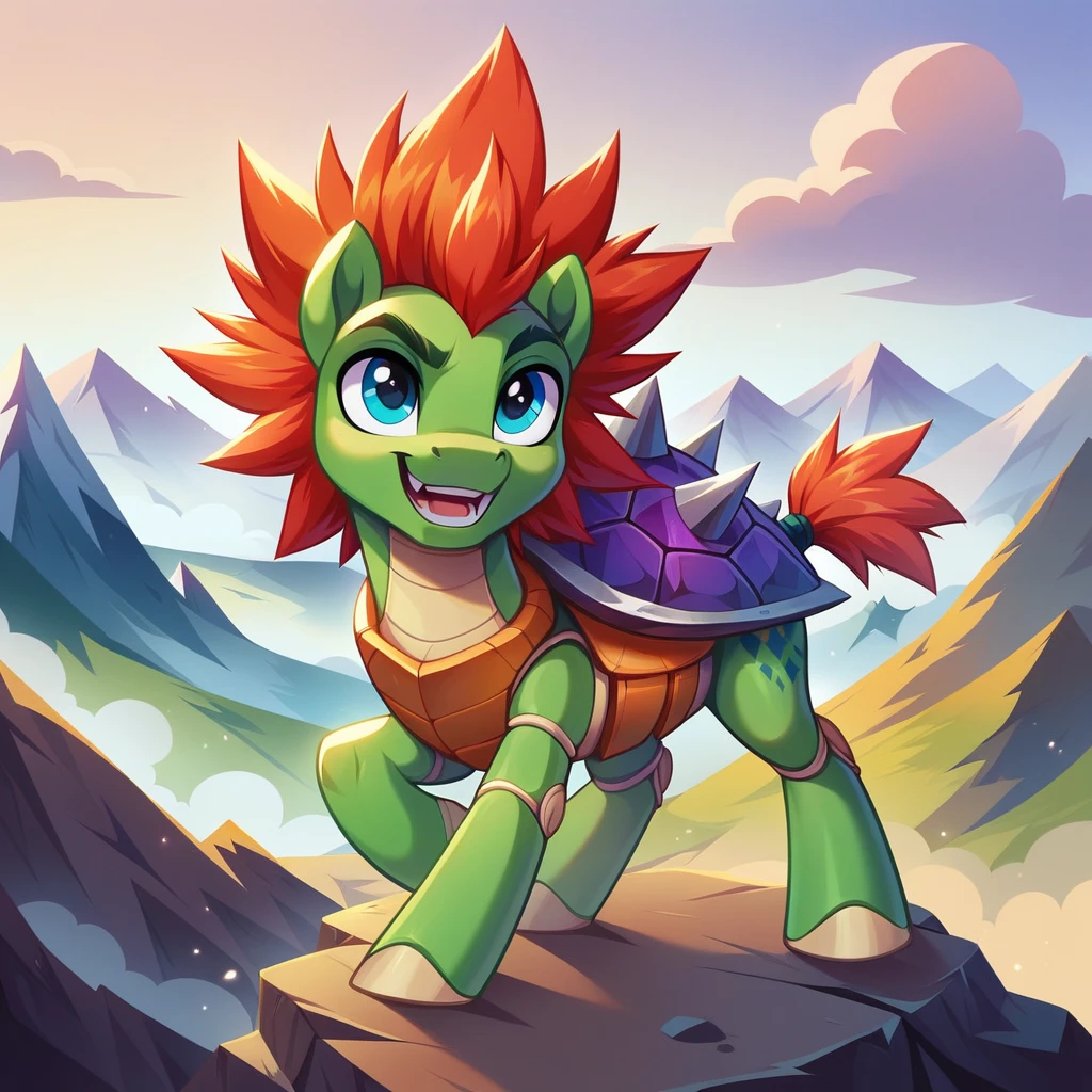 score_9, score_8_up, score_7_up, (masterpiece)), ((best quality), (high detailed), (beautiful), OwO
Pony, large turtle-like Coromon. it's mostly red and yellow  its shell has become a mountainous rocky structure and more jagged. It now has a scaly, spiky mane, small rocks on the top of its head and the back of its legs' joints, a tooth-like ridged lower jaw, and three claws on each foot. Its shoulders now have openings where fire periodically blasts out of