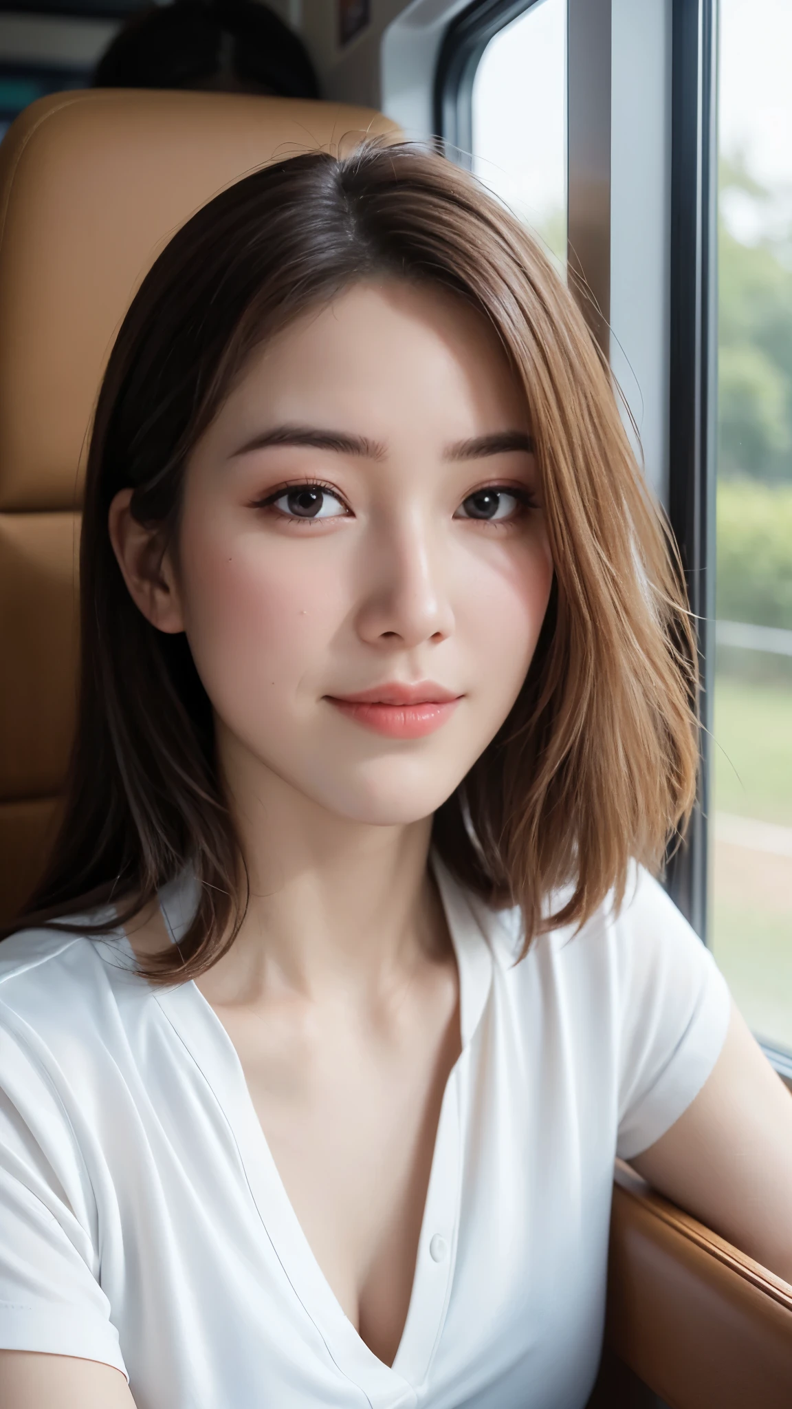 (Sitting on the high-speed train, there is a spring scene outside the window:1.29), ((4k wallpaper:1.1)), (Beautiful Photorealistic 30s women:1.15) , (she is a Photorealistic beautiful tennis player:1.15), (Looking at camera:1.1), (Perfectly healthy and muscular body, big tits, medium tits:1.2), ((She's wearing tennis wear in tennis coart:1.3)), white wear, (small size:1.1), Best Quality, Ultra-detailed, finely detail, hight resolution, Perfect dynamic composition, Beautiful detailed eyes, mid-chest, Natural Color Lip, Random and sexy poses, Smile, 48 years beautiful women, tennis coart, Ultra-realistic capture, Highly detailed, High resolution 16k close-up of human skin. Skin texture must be natural, With such detail that pores can be finely identified. Skin should look healthy, In a uniform tone. Use natural light and color、a Japanese actress in her 48s with a bewitchingly beautiful appearance、