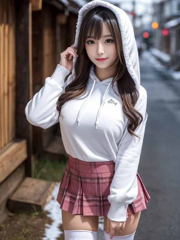 ((best quality, 8k, masterpiece)), ultra-detailed, sharp focus, 1 cute girl, (checkered pleated skirt), ((white panties:1.2)), (sitting on the ground), (knee up), (pink hoodie), highly detailed face and skin texture, ((detailed eyes)), ((beautiful eyes:1.2))