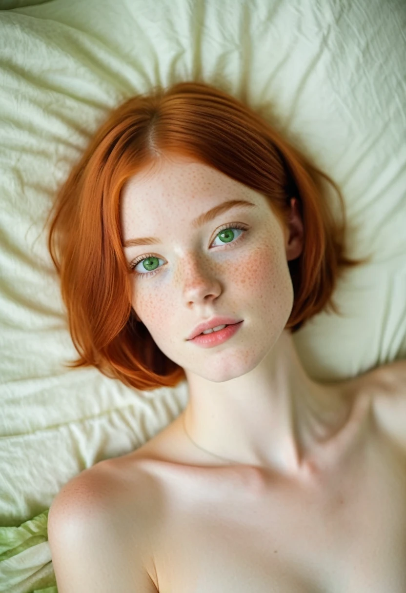 hyperrealisitic, adolescent, American Sweetheart, red hair, chin-length bob haircut, green eyes, pale White Skin, freckles on cheeks, small lips, thin face. realisitic, nude, full body, Photo sexy, bared shoulders, Photo sexy, laying in bed, hard nipples, camera from above