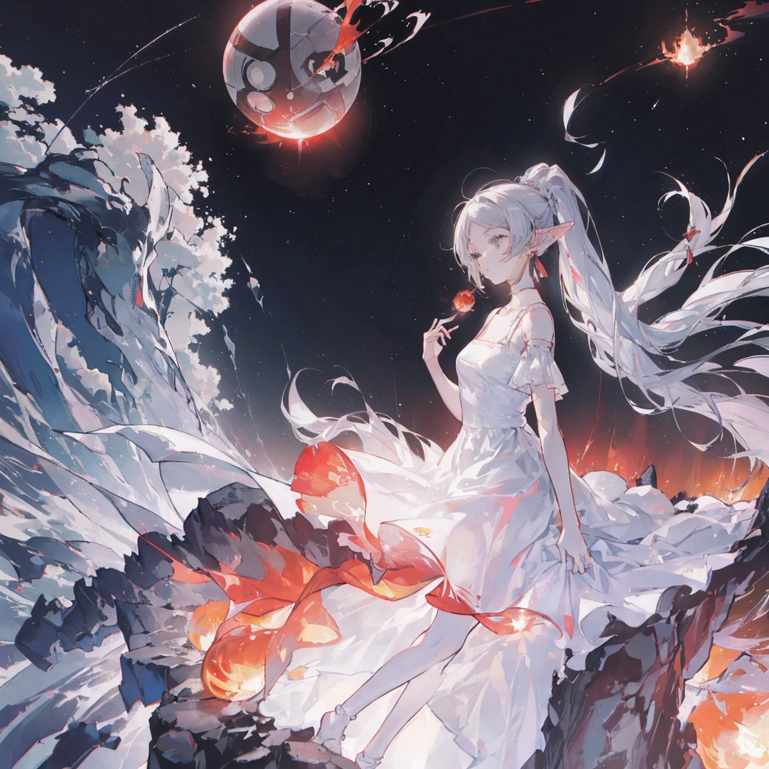 against the backdrop of the night city( red neon colors, haze in the sky, dyson_sphere in the sky ), young woman ((FrierenDress, long hair, ponytail, earrings, white choker, white dress, short sleeves), (magic in hand, (fireball)))