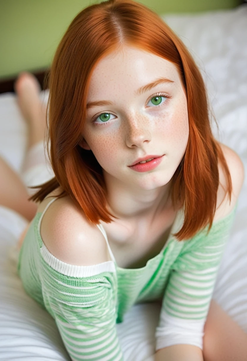 hyperrealisitic, adolescent, American Sweetheart, **** with red hair, chin-length bob haircut, green eyes, pale White Skin, freckles on cheeks, small lips, thin face. realisitic, nude, full body, open legs, knee high socks, Photo sexy, bared shoulders, Photo sexy, laying in bed, hard nipples, camera from above