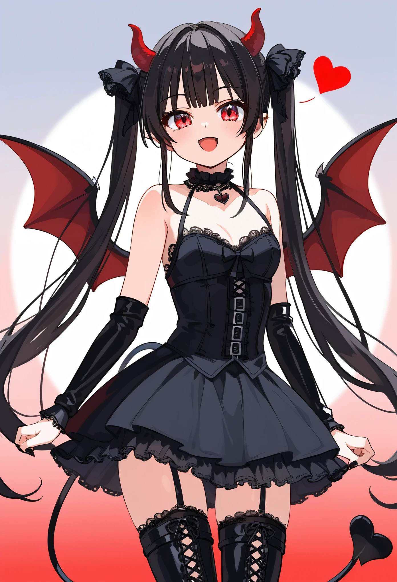 masterpiece, best quality, ultra-detailed, glistening shiny, glowing light, ray tracing, HDR, deph of field, (perfect face, detailed face), lucelia, very long hair, flat chest, black eyes, two side up, pointy ears, demon horns, demon wings , black dress, red skirt, layered dress, red thighhighs, necklace, armlets, wristbands, skirt lift, thong
