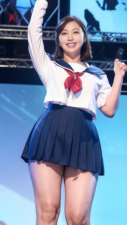  Japanese Milf, white skin,(plump body, big chest, plump thighs:1.5),( Japanese High School Student Uniforms ,Sailor uniform,earrings,Neckerchief,Ultra short dark blue pleated micro mini skirt,Short socks, wearing loafers :1.2),( is standing on stage, take a picture of the whole body from toe to head,full body,standing:1.2),looking at viewer,smile, surrealism, depth of field, from below, Sony FE, 8k, arms up,Word