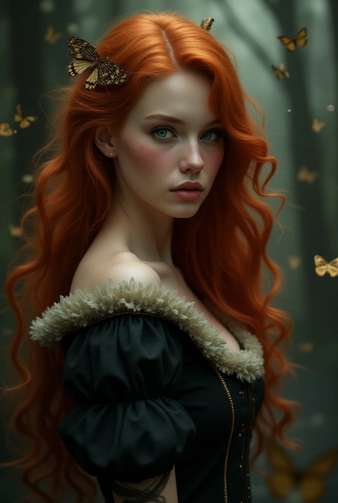 (solo, full body photo:1.3), (action packed:1.3), (haze, fog, mist:1.3), chiaroscuro, best quality, photorealistic, 1woman, (cute), (24yo:1.2), redhead, long ginger hair highly detailed, 1700'S, digital photography, art by artgerm and ruan jia and greg rutkowski surreal painting gold butterfly filigree, broken glass, (masterpiece, sidelighting, finely detailed Fashionable eyes: 1.2) (perfect oval large eyes that gazes at the viewer), beautiful detailed face, blue gorgeous perfect eyes, (blonde hair ponytail), (attractive young woman:1.3), (thick amazing hair), (seductive:1.1), (blushing:1.1)