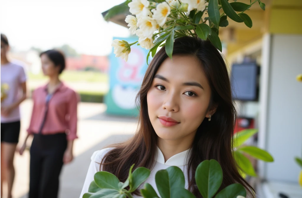 Blooming flowers flutter in the wind，Girl in flowers，Light yellow and silver design，Pay attention to the texture of the skin and flowers，Sony FE 12-24mm F/2.8 gm，Impressionist garden，Proficient in calligraphy，eco-friendly craftsmanship，Brush stroke exploration , Vietnamese Girl , white Ao dai