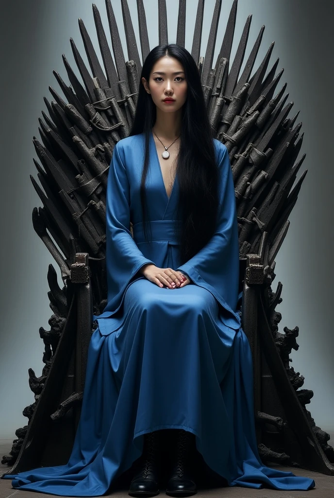 Create an image of Kitana in her Mortal Kombat outfit sitting on the Iron Throne 