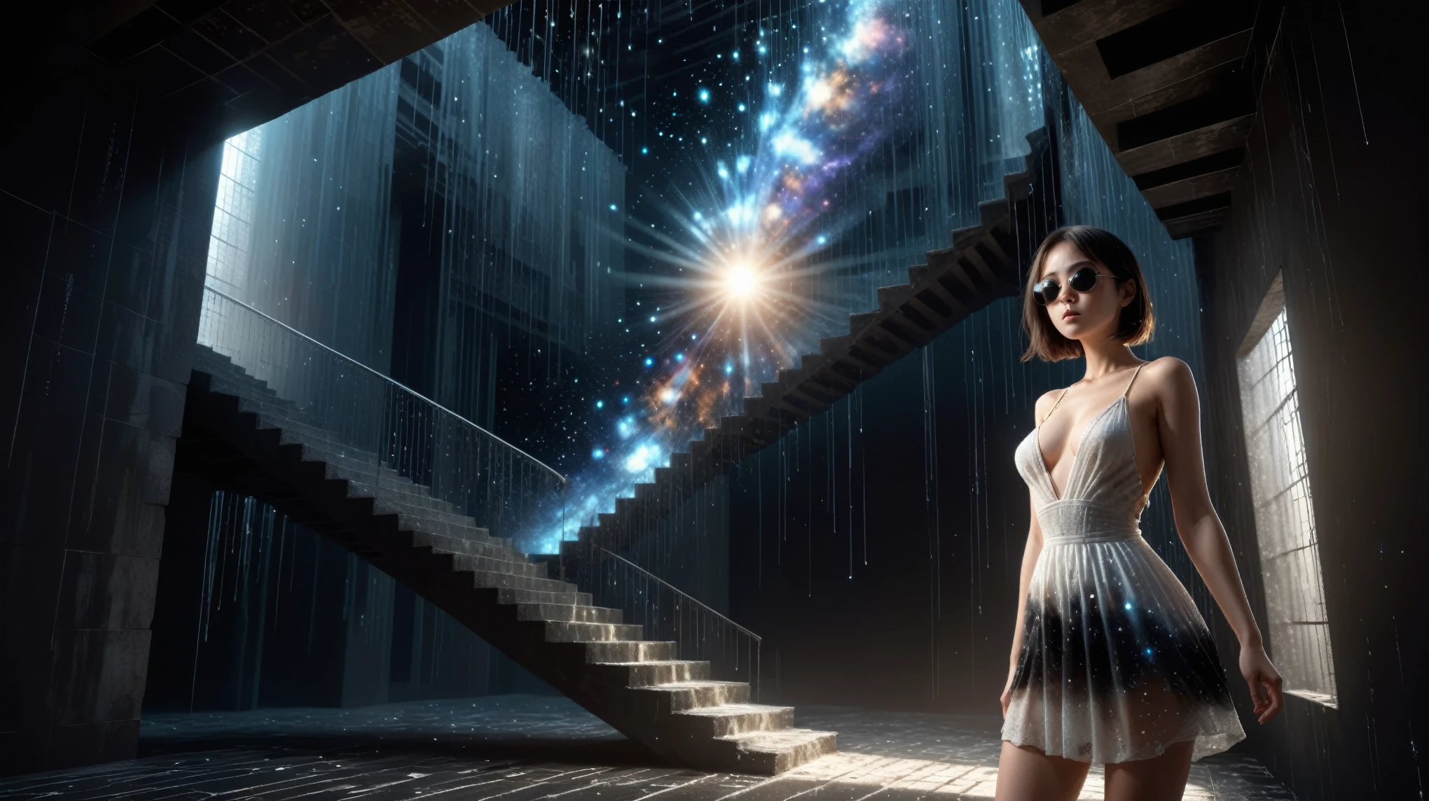 (Wide and low angle view). Ryoji Ikeda Style, High quality 3d background in matrix style, lost memory fantasy scene, open-air staircase is collapsing with surreal galaxy in the dark background. A woman, (wearing a transparent:0.8 ivory flowing stunning sleeveless sling backless deep-v one-piece short:0.1 loose princess dress), in dark background. (1girl, solo, alone), photorealistic, large-breast:1.4 slim:0.5 body, (detailed oval:0.4 face, strong light on face), side boob, cleavage:1.1, white laced G-string micro panty, (black micro sunglasses), (((aiming the viewer with a short:0.5 gun))), (looking at camera), dynamic hip-up running pose, ((half-body thigh level close-up:1.9 shot)) in the foreground, cinematic lighting, ray tracing, dark background.