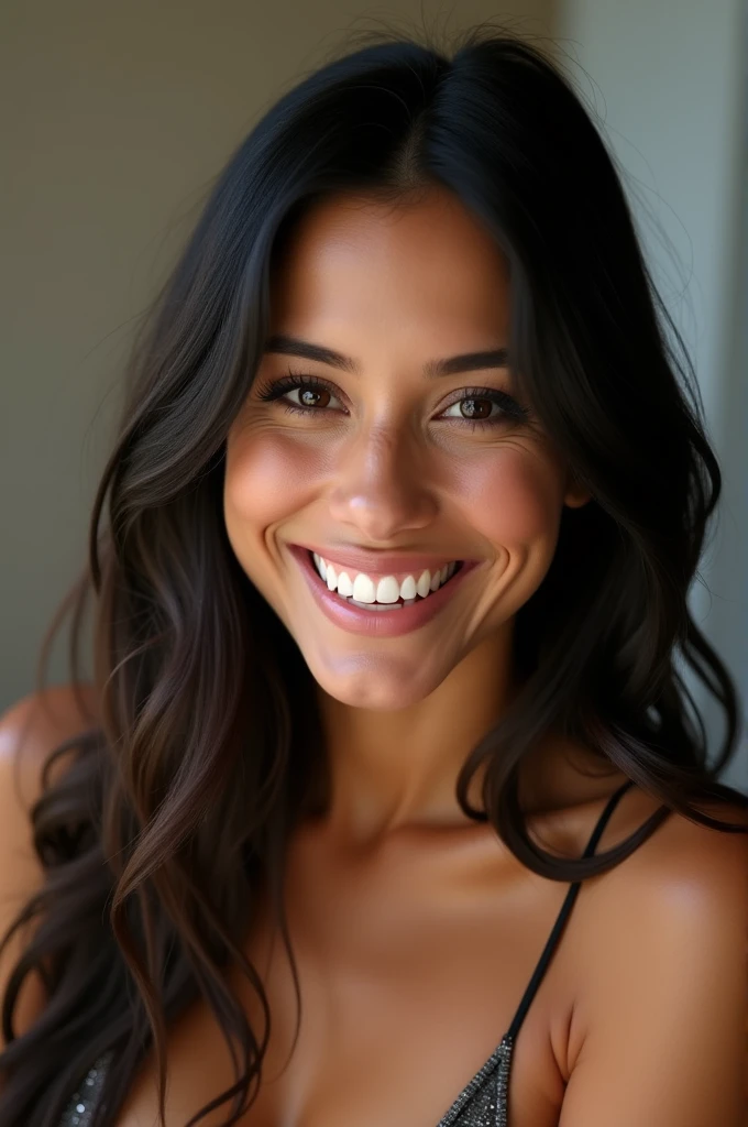 a beautiful brunette woman, Smiling, straight dark hair, detailed face, topless, in a hotel room
