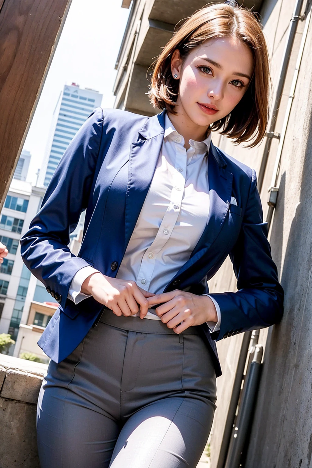 Woman in a suit standing on the sidewalk,((25-year-old woman))、small Breasts、Dark brown hair color、Hairstyle with bangs、Various hairstyles、Hairstyles of different lengths、(8k, RAW Photos, highest quality, Tabletop: 1.2),、(Realistic, Realistic: 1.3), Cityscape, Day, Sunny Morning, Professional Lighting, Photon Mapping, shirt, (Woman in a suit,) Silk Suit、Pencil Skirt、Tight Skirt、((Delicate photo)),(Detailed RAW Photos of Girls), (Tabletop:1.25), (highest quality:1.6), (超A high resolution:1.5), (Realistic:1.75), 8k resolution, Canon EOS R5, 50mm, absurdes, Ultra-detailed,Cinema Lighting, (Skirt Lift:1.5)、nsfw、the wind is strong、smile、Skirt flipped up、sexy white panties