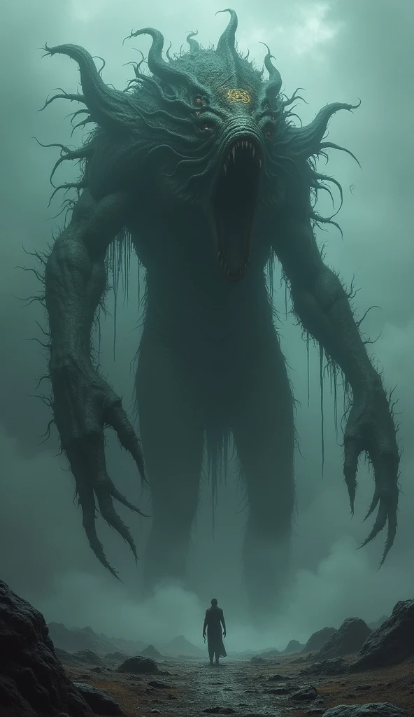 Gigantic skinwalker walking across a plain in the distance amid fog, green haze, dark clouds, grimdark ,supense, unearthly, octan render, unreal engine , photorrealistic, hyper realism, highy detailed, high qualiy, intrincately detailed,Volumetric lighting, full character, 4K, ,hard disk ,Full HD, 8k, RTX, high resolution, detailed shadows, incredibily detailed, perfect, Dramatic scale