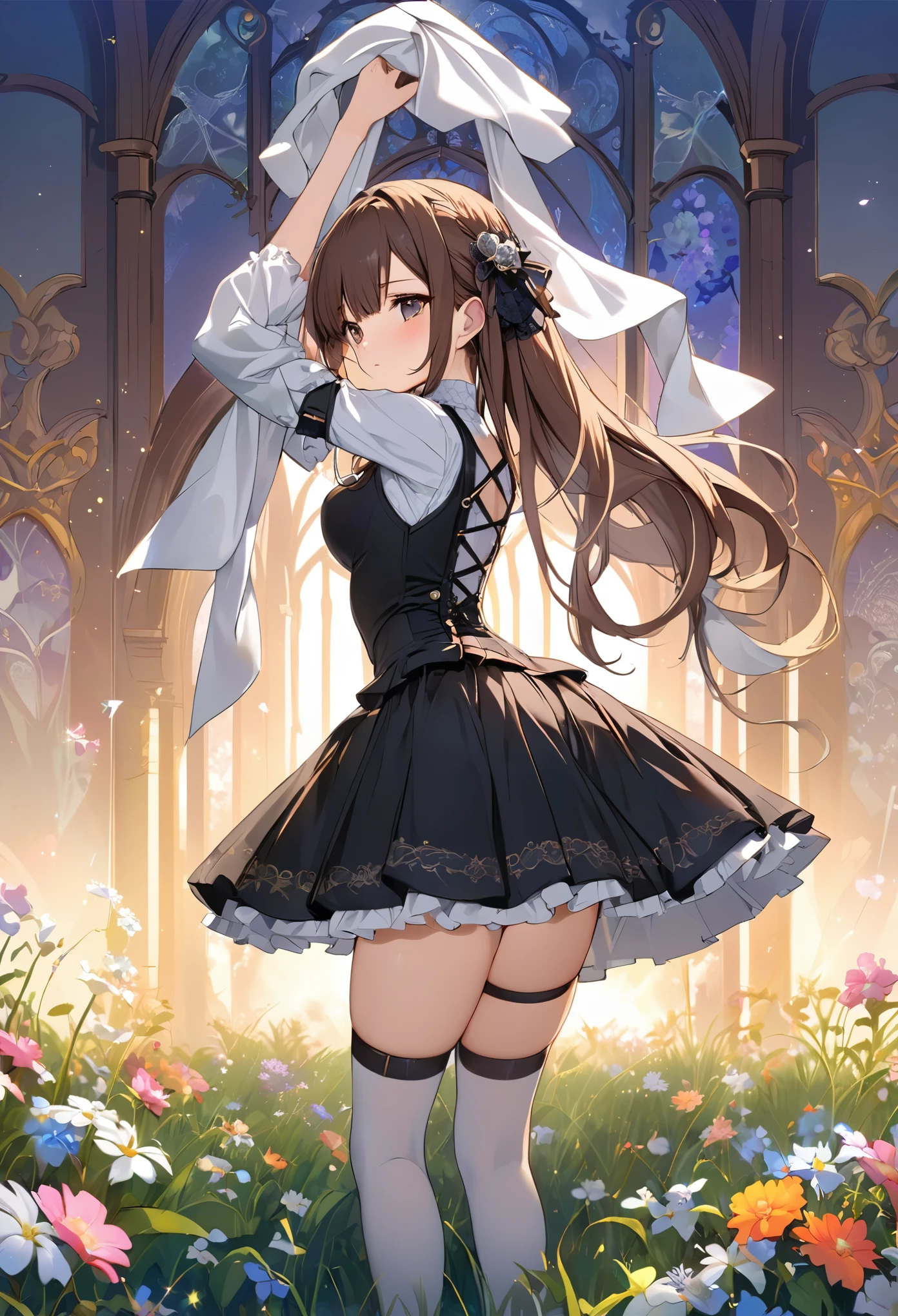 Girl about 18. green eyes. Long brown hair with bangs. Hair partially dyed blue. White off-shoulder blouse. black corset. Black skirt. Dark blue knee-high boots