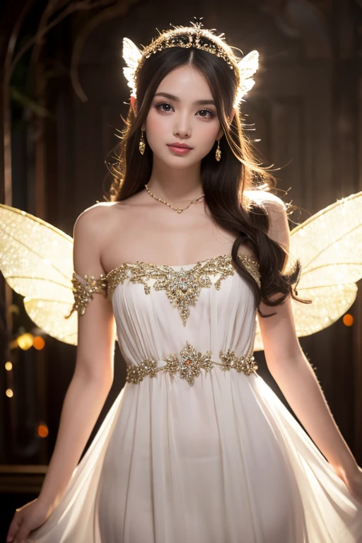 Delicate pupils,sitting down casually,lazy,A realistic fantasy masterpiece full of highlights., glinting, そしてConvoluted, ornate detail.. make a petite woman,wearing a beautiful and exquisite crown,sitting on the swing in the garden at night. she is a beautiful butterfly queen,Has attractive long black hair, Incredibly realistic and detailed dynamic eyes,Colorful,realistic shaded. her skin is white and transparent, Her eyes are shining, her clothes are very elegant. Her dress is made of the finest tulle,Delicate e, Convoluted, Delicate floral details and gold silk butterfly sleeves. Your happy smile is cute. Also includes flowers that glow in the dark, many particles, very realistic fantasy butterfly,Decorated with translucent jewel-toned wings そしてConvoluted details, And shine. Artwork is Guviz style,reminds me of the genre,NP, Popular fantasy games on Artstation and Midjourney. camera: Use dynamic compositing techniques,Emphasizes elegant and delicate details.