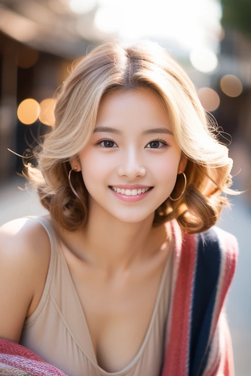 (A very cute 20 year old young woman from Japan), ((delicate hair between brown and blonde)), ((messy side wave short hair)),medium bust size、small breasts、Flashy makeup with red eyeshadow, accuracy of hands,(((clean hands))),(curly hair),(((very kind smile))), (((She is wearing white panties))),(((she is wearing a white knitted dress))) ((highest quality, 16k, table top: 1.3)), light shines on your face, highly detailed face, highly detailed lips, fine eyes, city street,slim thighs,great skin,
