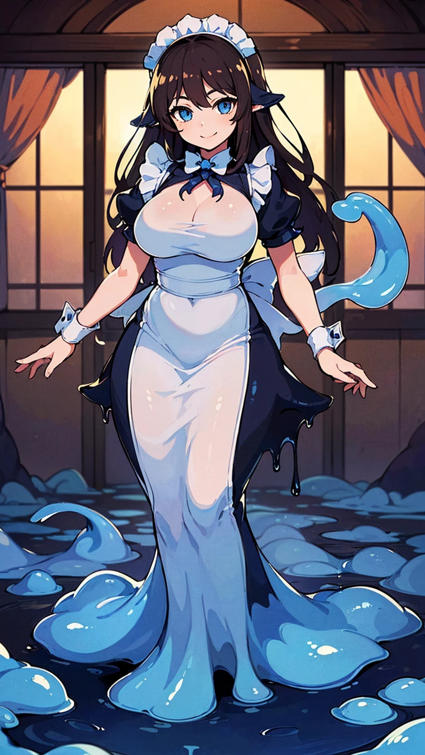 masterpiece, Highest quality, 4K, Super Resolution, A woman and a slime, oosuki mamako, Brown long hair, Nice body, Sexy body, Pink dress with white apron, Black sexy underwear, In a dark dungeon, The faint light of a torch hanging on the wall, Violent sex with a slice, Overflowing love juice, One hiccup, rest, Voluptuous bust, Plump hips, Clothes violently melted by the slice, Clothes melt, Melted clothes, Almost naked, Even a ray of light, Pussy, , スライムの触手がPussyに入る, The whole body is slippery with slime&#39;s bodily fluids