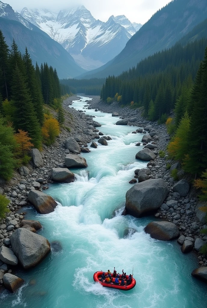 Drone footage of Whiter water river and raft jumping in rapid and alpine trees and mountain and big rocks in river