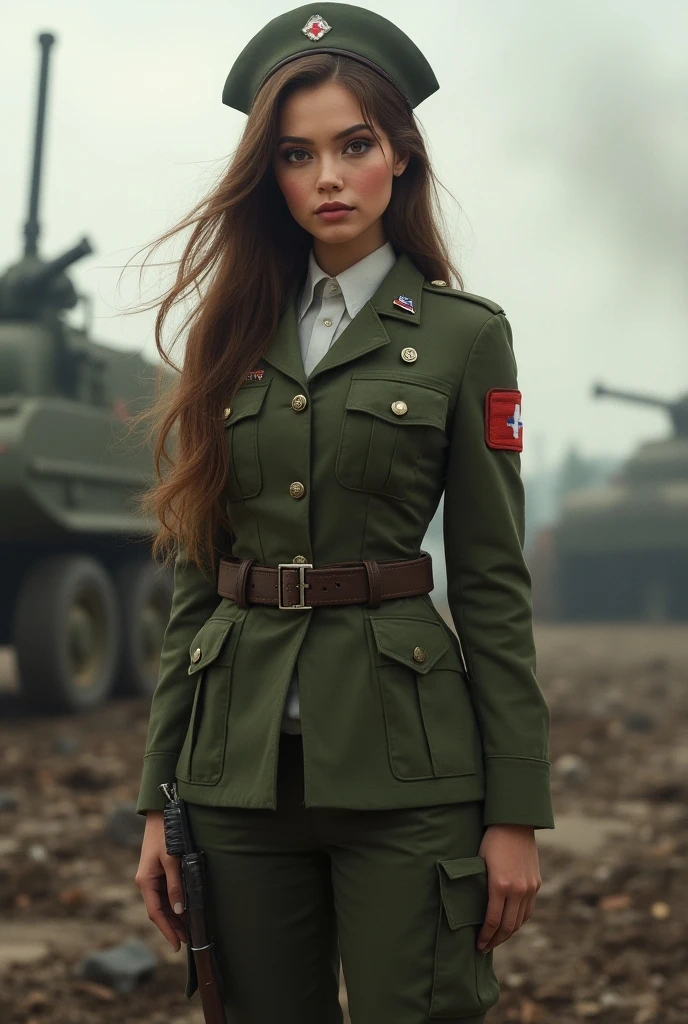 Retro style, beautiful female model, glamorous body, plump body, long haired person, wavy hair, chestnut hair, smooth skin, blue eyes, enchanting smile, dark makeup, red lips, ((military uniform style sexy outfit)), accessories, boots, realist, outdoor, super realistic 8K, super detailed and realistic, posture sculpture, big ass, Wide buttocks