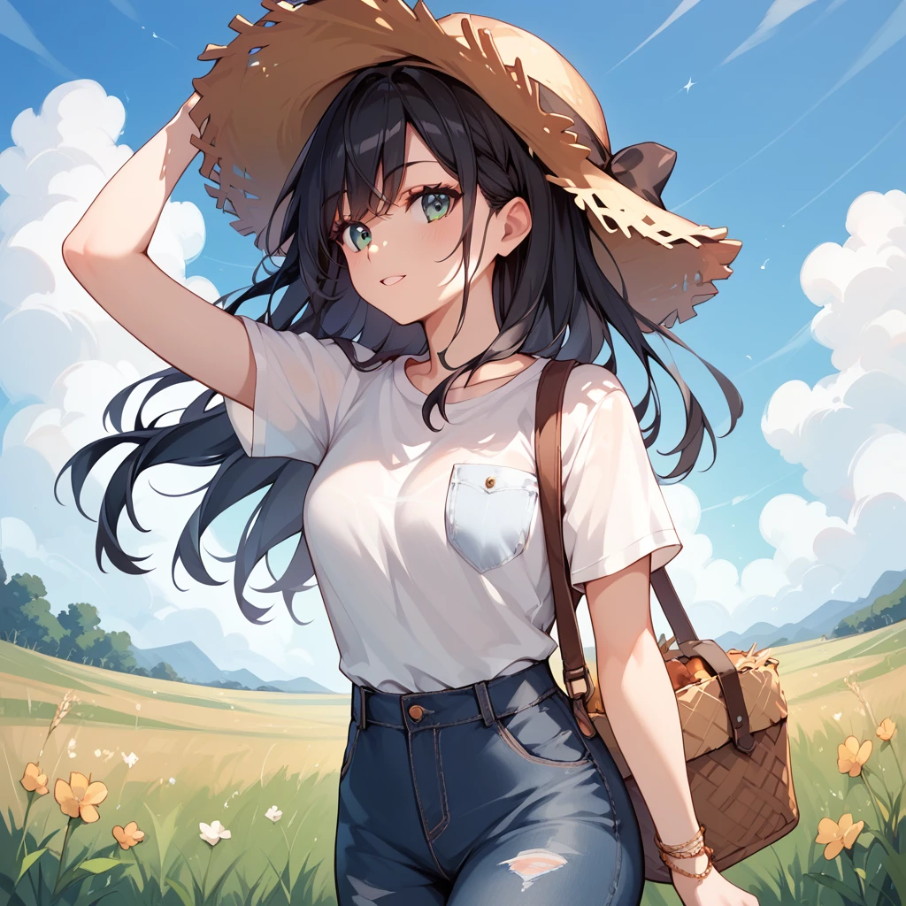  1 girl, Black Hair, long hair ,Work clothes, straw hat,field,field仕事,harvest