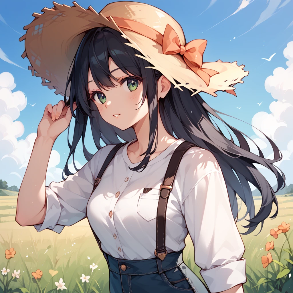  1 girl, Black Hair, long hair ,Work clothes, straw hat,field,field仕事,harvest