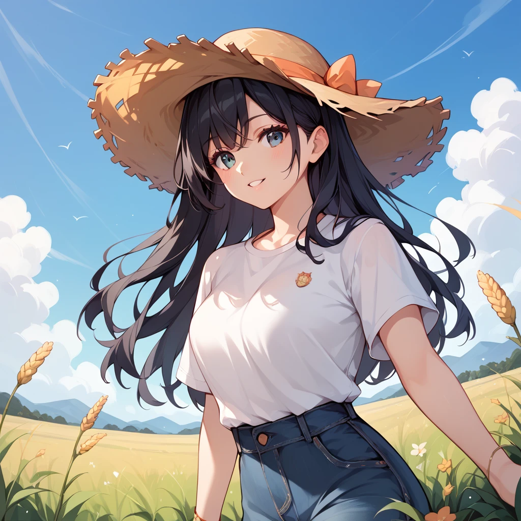  1 girl, Black Hair, long hair ,Work clothes, straw hat,field,field仕事,harvest