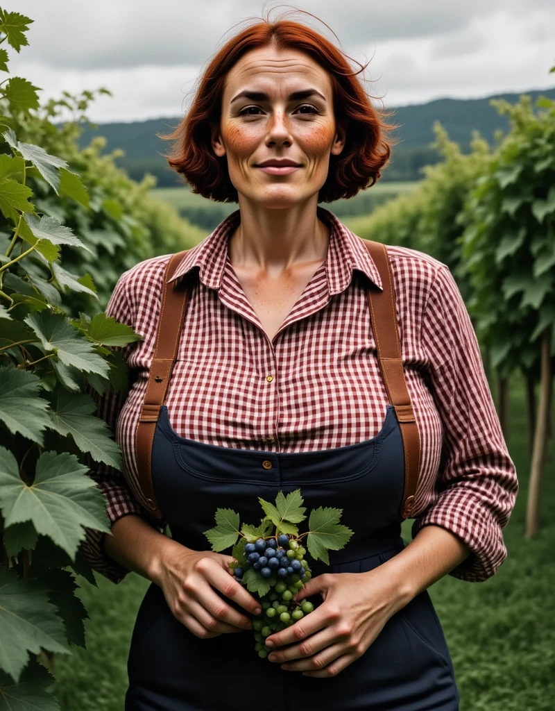 a picture of (1 woman), a 40-year- old Scottish woman, 1940s period piece, world war 2 style, high-rise working trousers, suspenders, red gingham shirt, (((picking grapes in a vineyard))), cinematic, UHD, masterpiece, anatomically correct, textured skin, natural blemishes , wrinkles,super detail, high quality, best quality, award winning, highres, 16k, HD,
