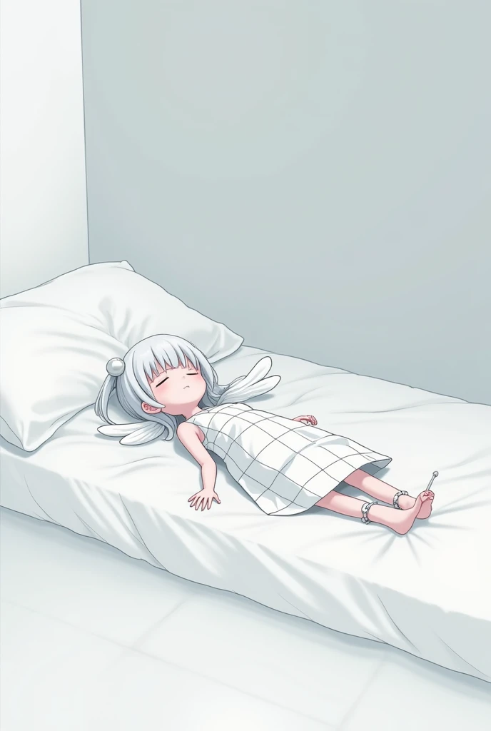 Japanese anime style，White-haired girl，Lying in bed，Wear White，Mucus on the body，Most on the legs