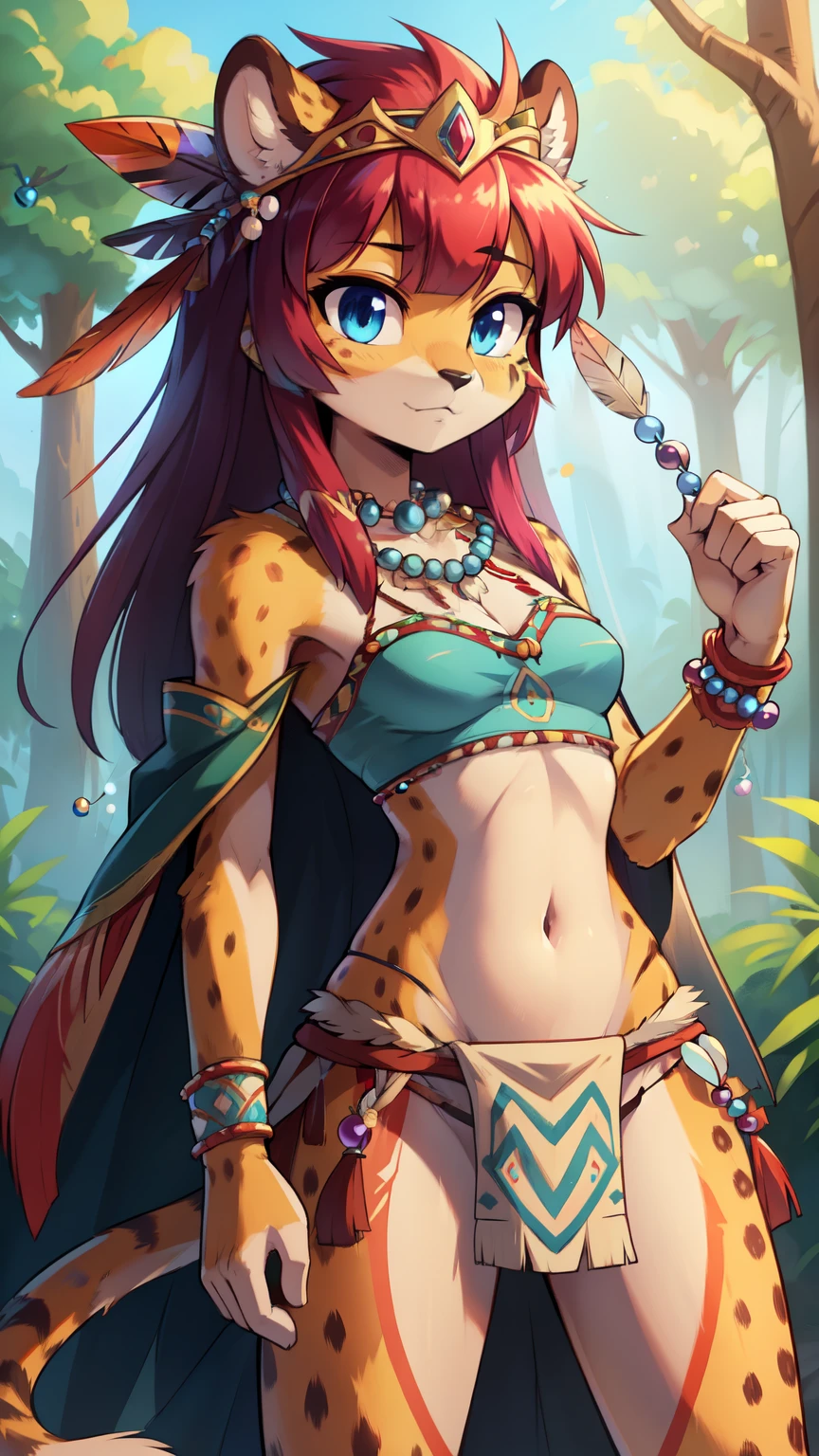 Score_9,score_8_up,score_7_up, source_cartoon, source_furry, furry girl, cheetah, magenta hair, long bangs, hair over one eye, messy hairstyle, long ponytail, anime style, medium breasts, blue eyes, ((tribal tube top\(fringe, midriff, tribal loincloth, navel, glass beads\),indian cape\(fringe, glass beads\), war bonnets\(Native American feather crown\),)), high quality, detailed body, detailed eyes, detailed face, masterpiece, glistening body, detailed body fur, best quality, yellow body fur, skinny, cheetah ears, looking at you, perfect lighting, perfect shadows, perfect eyes, perfect hair, perfect face, gorgeous body, skinny, full body, feets with three toes, solo, :3, full body, feets with three toes, forest, clear sky,