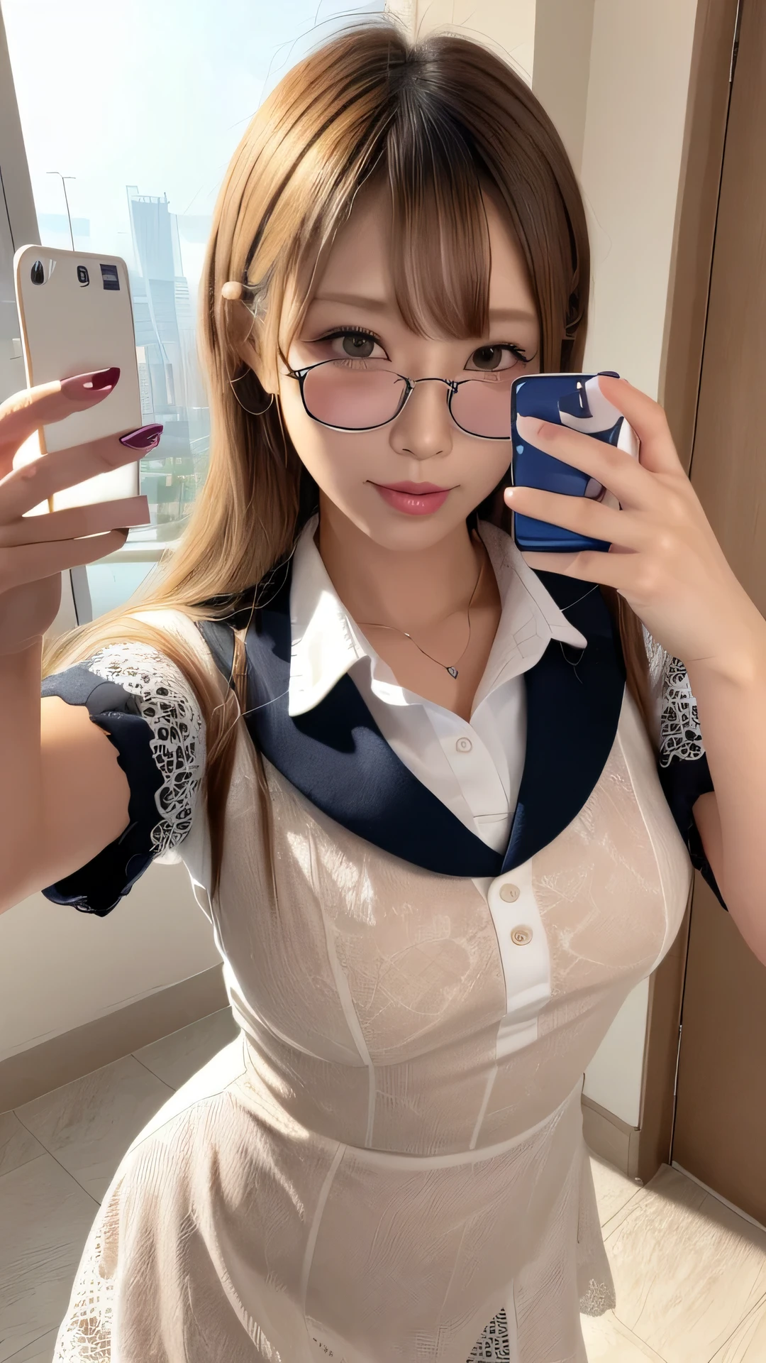 8K, Best Quality, Masterpiece, Ultra High Resolution, (Realism: 1.4), Original Photo, (Realistic Skin Texture: 1.3), (Film Grain: 1.3), (Selfie Angle) 1 Girl, Beautiful Eyes and Face Details, Masterpiece, Best Quality, Close-up, Upper Body, Looking at the Viewer, round golden eye-glasses, long pink hair, big breasts, white shirt, japanese school uniform, ahegao face