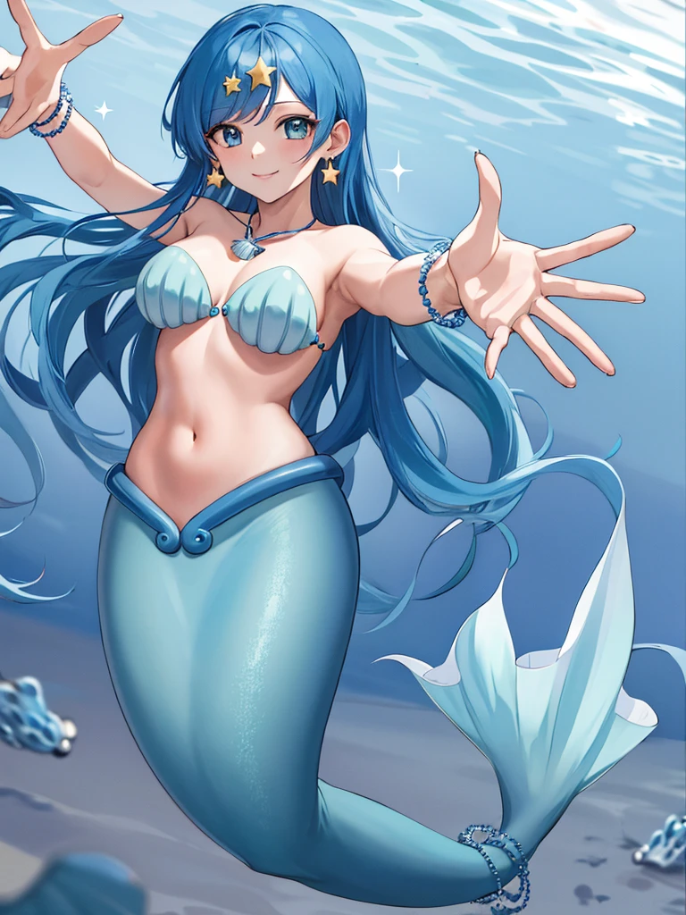 masterpiece, best quality, highres, 1girl, solo, long hair, blue hair, blue eyes, mole under eye, medium breasts, earrings, mermaid, shell necklace, shell bikini, pearl bracelet, <lora:noel_v1:0.7>, underwater, ocean, smile, open mouth, waving, fish