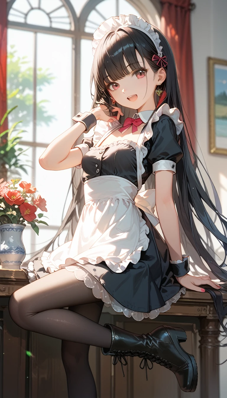 Score_9,Score_8_up,Score_7_up,highest quality anime,masterpiece,extremely detailed,depth of field,high-resolution,1 girl,slim,small breasts,(black long hair,straight bangs),(Ideal slender proportions),(maid costume,matted black tights),(boots),joyful,posing