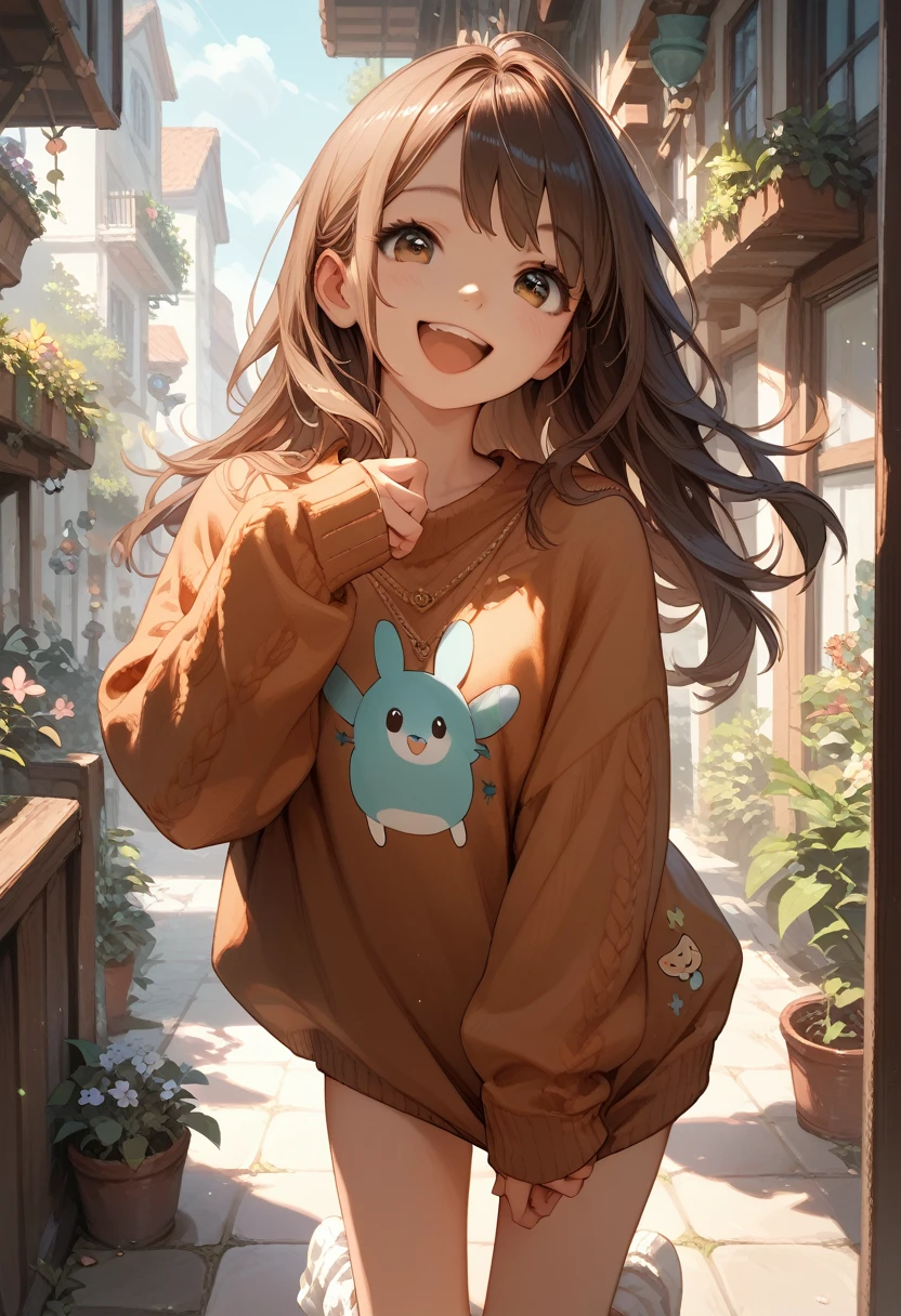 Score_9,Score_8_up,Score_7_up,highest quality,detailed,1 girl,slim,brown long straight hair,sweater,loose socks,looking Happy,Happy with me