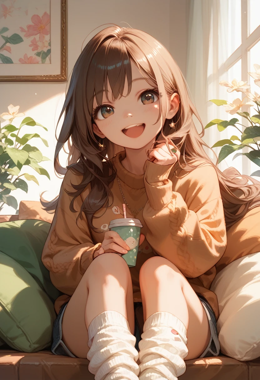 Score_9,Score_8_up,Score_7_up,highest quality,detailed,1 girl,slim,brown long straight hair,sweater,loose socks,looking Happy,Happy with me