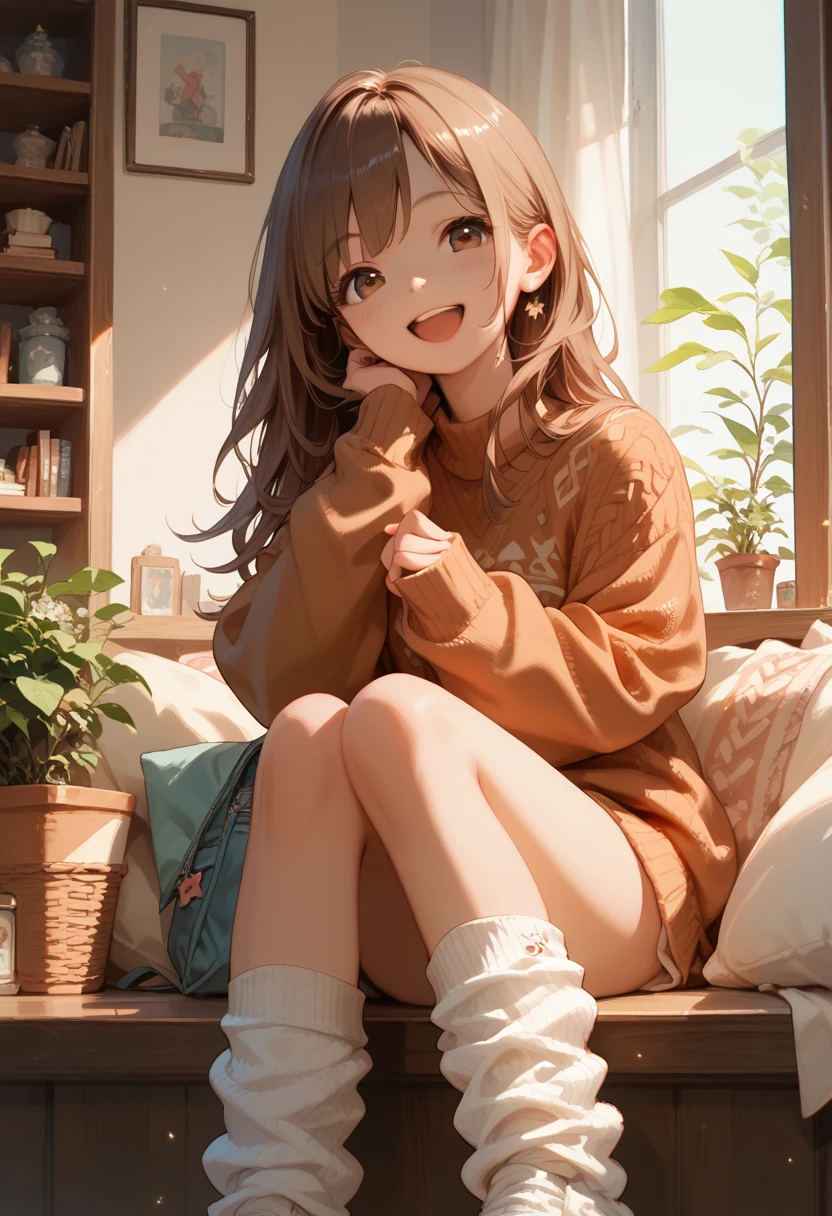 Score_9,Score_8_up,Score_7_up,highest quality,detailed,1 girl,slim,brown long straight hair,sweater,loose socks,looking Happy,Happy with me