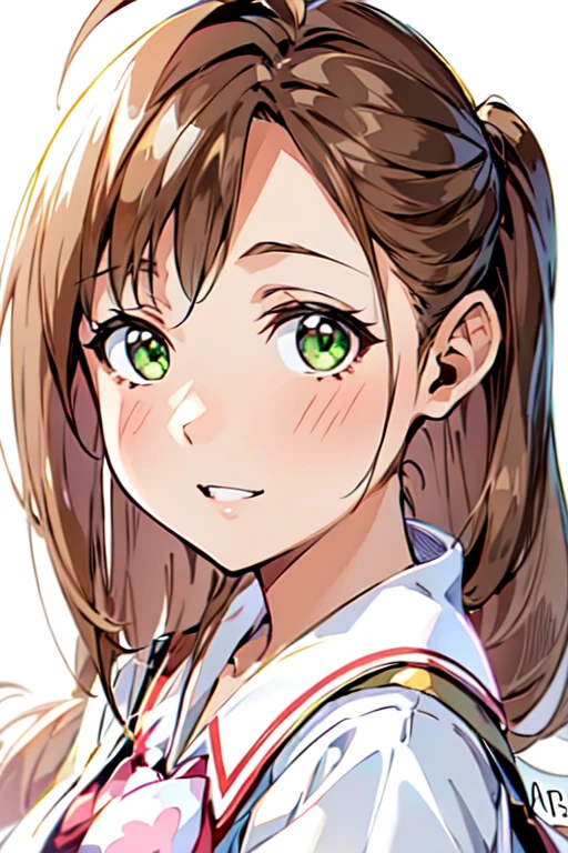 kinomoto sakura,cardcaptor sakura,little,,green eyes,antenna hair,light brown hair,hair intakes,bangs, card medium, close shot,looking at viewers, arms behind back, neat figure, girl, young, absurdly long hair, extremely detailed cute anime face, sleeveless dress,extremely detailed CG unity 8k,

(1girl:1.3), (teenage:1.2), (solo:1.0), (green eyes:1.2), (light brown hair:1.2), (ahoge:1.0), (braid:1.1), (twin braids:1.0), (white sailor collar:1.0), (black neckerchief:1.0), (white school uniform:1.3), (open red coat:1.1), (white pleated skirt:1.1), (white socks:1.0), (white shoes:1.0), (kinomoto sakura:1.3), (cardcaptor sakura:1.2), (standing:1.2), (pointy ears:0.8).Steps: 43, Sampler: DPM2 a Karras, CFG scale: 8.5, Seed: 7894561, Size: 512x768, Model hash: fc2511737a, Model: Chilloutmix-Ni-pruned-fp32-fix