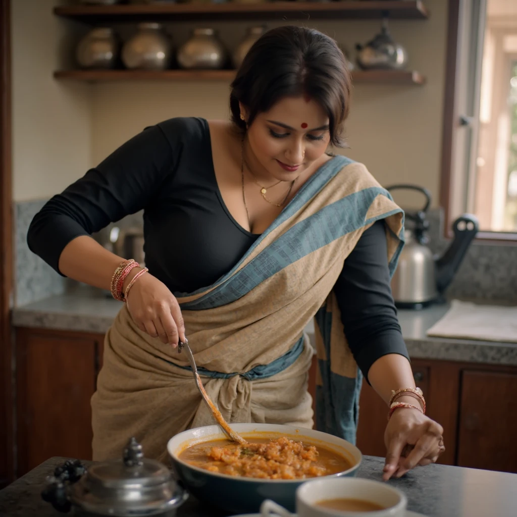 **Scene Description: The young South Asian maid, Kamwali Bai, moves gracefully around the kitchen, her traditional saree in shades of muted blue and beige accentuating her curvy figure as she prepares breakfast. The loose pallu of her saree flows elegantly as she bends to reach for pots and pans, subtly revealing glimpses of her midriff, highlighting her full-figured physique. Her fitted black blouse hugs her curves, enhancing her bust and arms as she stirs a pot of simmering curry on the stove.

With a serene smile, she fills a kettle with water, her warm brown skin glowing in the morning light. As she turns to pour the boiling water over the tea leaves, her expressive features come alive with a sense of purpose and charm. She glances over her shoulder, catching a glimpse of her owner entering the kitchen, and a playful smile dances on her lips, hinting at their unspoken connection. The soft fabric of her saree shifts with her movements, enhancing her natural grace, while the rich scents of breakfast envelop the room, creating an intimate and inviting atmosphere.

As she plates the food, her posture remains upright yet relaxed, embodying a blend of traditional values and modern confidence. The scene captures her in a moment of domestic bliss, showcasing her allure as she balances her responsibilities with a playful hint of seduction.*