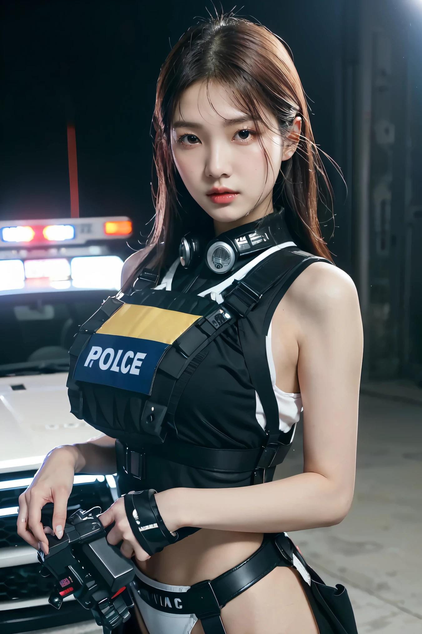 (Highest image quality, outstanding details, ultra-high resolution), (realism: 1.4), favor details, highly condensed 1 beautiful Korean girl, with a delicate and beautiful face, ((cowboy shot)), (a bit chubby:0.4), (wearing black racing suit likes police uniform, black and pink mecha, wearing military harness, holding a machinegun), background simple grey concrete,