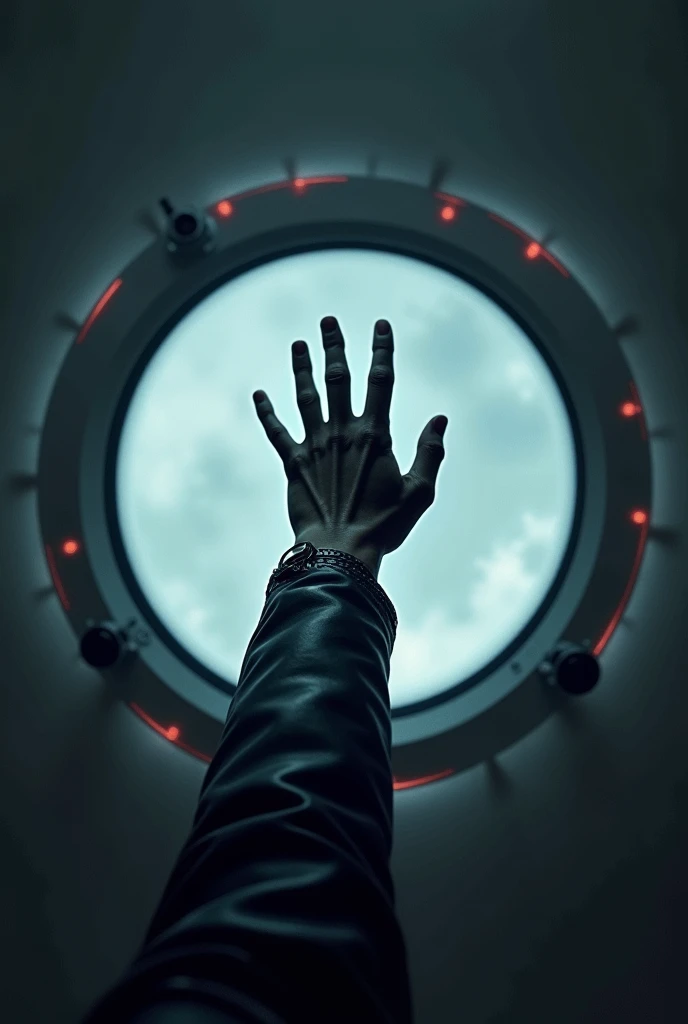 photorealistic of a single arm dive through a circular portal mirror, make difference image of the arm before the portal as wearing a leather jacket and the arm after the portal wearing futuristic armor design, dramatic light and highly detailed