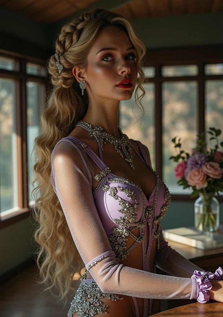 " Girl from the stars, (shimmering fur), celestial antennae, shell of wonder, planetary dreamscape, (cosmic enchantment), surreal artistry, vibrant and alien palette",kneeling, wide shot, f/1.8, bokeh, superdetailed, sexy slim blond woman, detailed, sexy facial expressions, seductive facial expression detail: 1.4): [0.4], 16k resolution, 4K resolution, (Flat stomach perMade), (Color image), INTERVALL I. Outfiegante, Enchanting, long fitted dress, plunging back, plunging neckline, long lace sleeves, belt decorated with mystic symbols, high jump boots, black and silver jewelry.
II. location: Gothic castle, dark and mysterious atmosphere, subdued lighting with chandeliers, library full of old magic books, mirrors framed with magical motifs, scented candles with incense, mystical mist floating in the air.
III. Decoration: Gothic ambience, subdued lighting with purple and blue light, refined furniture with accents in black and silver, black velvet curtains, mirror decorated with witch motifs, lavender scented candles, break, view of the viewer, masterpiece, best quality, very detailed, desire, blush, (Beautiful and detailed eye description), (Beautiful and detailed face), perfect female body, (best quality), (ultra-detailed), (masseter piece), (high resolution), (original), (the extremely detailed CG Unity 8K backgrounds)
