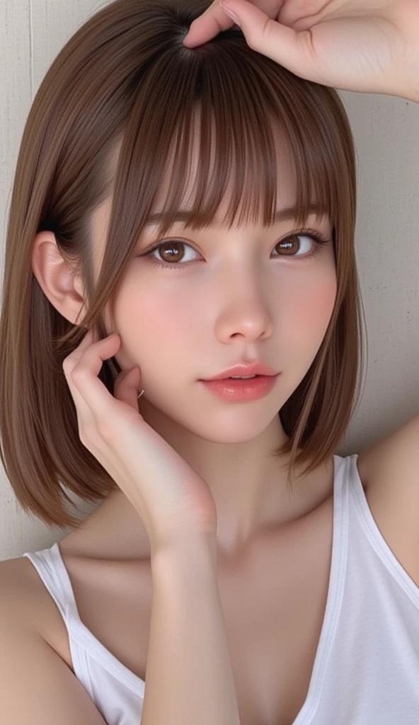 (Best Quality, Masterpiece Highly detailed, Ultra high resolution Realistic,  Absolute Resolution for RAW Photos :1.5),
 (Realistic:1.4), , 
woman 1人, woman, 日本のwoman,
 Realistic lighting, Backlight,  face light,  ray tracing , 
(thin：Weight 1.0), (Small breasts),   glowing skin  , Sharp details, 超Realistic, Beautiful Skin,
( lies down on the bed:1.5、Sleeping、 angle from above:1.5、 sex appeal、Provoke、Lie down:1.5), 
((( Tattoos Listed Below:1.5,  watching the audience in the cloud :1.3, close))), ((( full body:2.0, look at the camera))),グラビアフォトShoot、 professional photographer &#39;Shoot、
((Bob Hair,  short hair, Straight Hair Bangs :1.3, Brown Hair)),
 Advanced Face and Skin Textures ,((Face close-up:1.2)), ((Tattooed Arm:1.2)), (( chest tattoo :1.4)),
((Thigh Tattoo:1.2)), (( Body Covered with Tattoos :1.4)),
 (( tank top 、 hoodie、 sweatshirt 、1.4))、