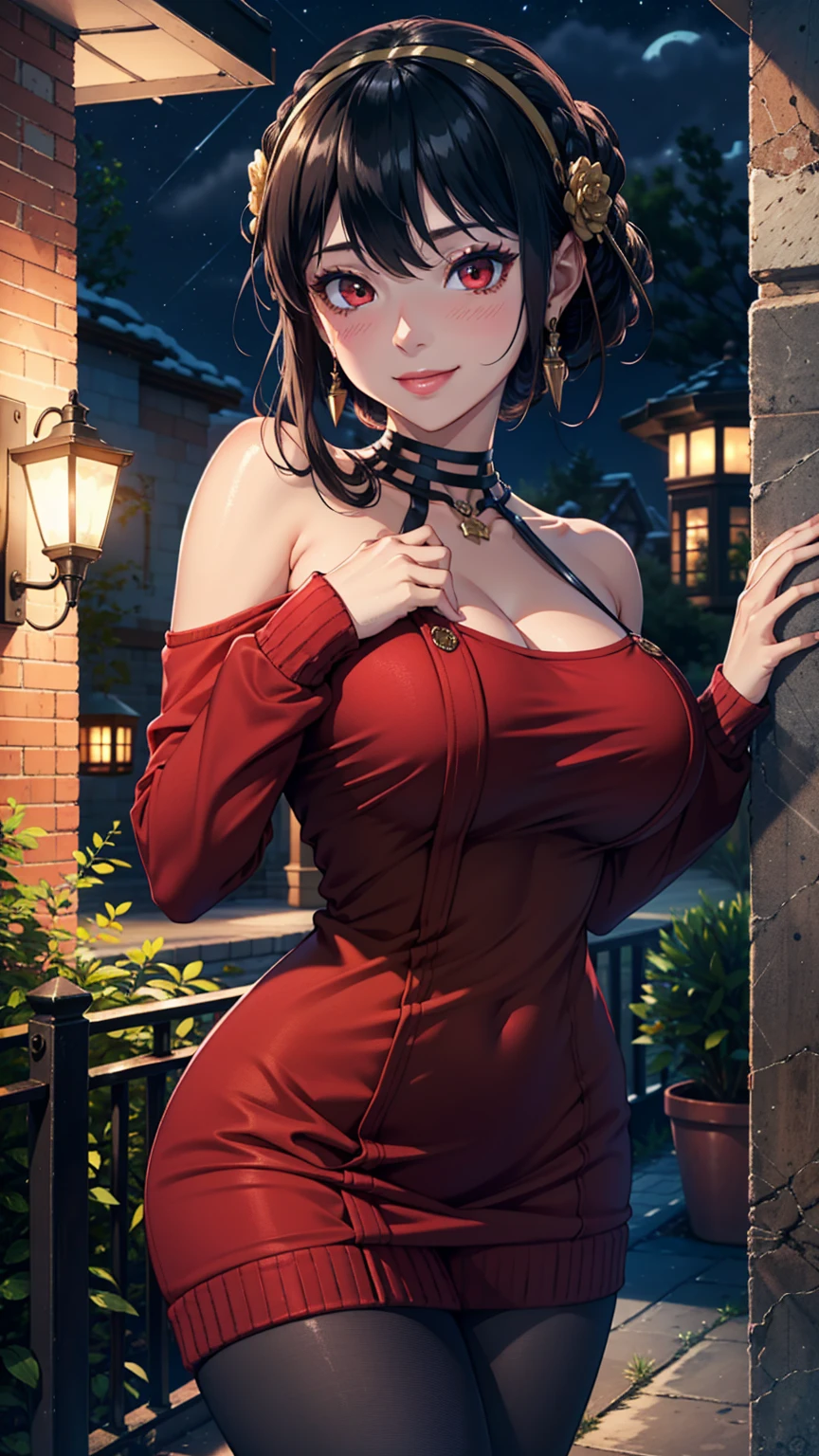 Masterpiece, ultra detail, high quality, 8k cg, blush, bright eyes, standing, outdoors, smile, (night:1.5), slim body, narrow waist, large breast,yor briar, long hair, black hair, red eyes, off shoulder, red sweater dress, pantyhose, earrings (escotada)