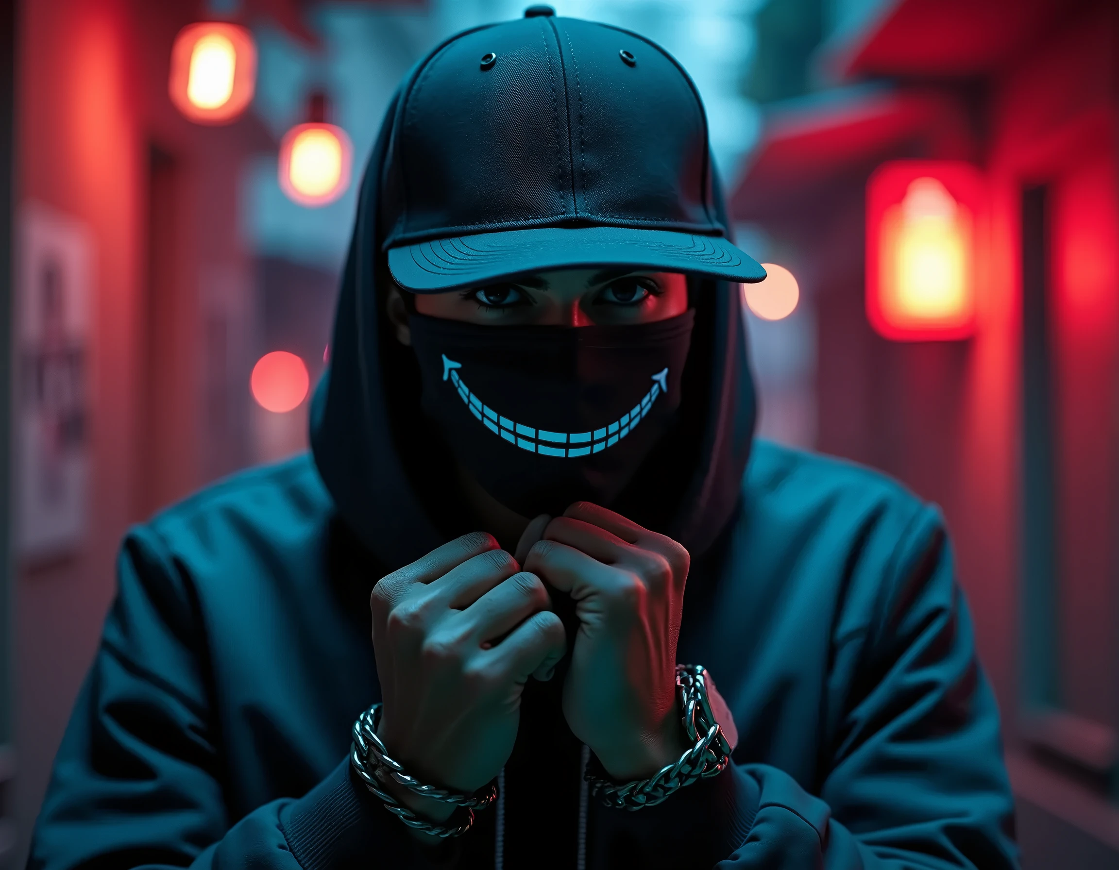 Young man with a hooded sweatshirt and a face mask with a macabre smile and long hair wearing black headphones on a dark and macabre background