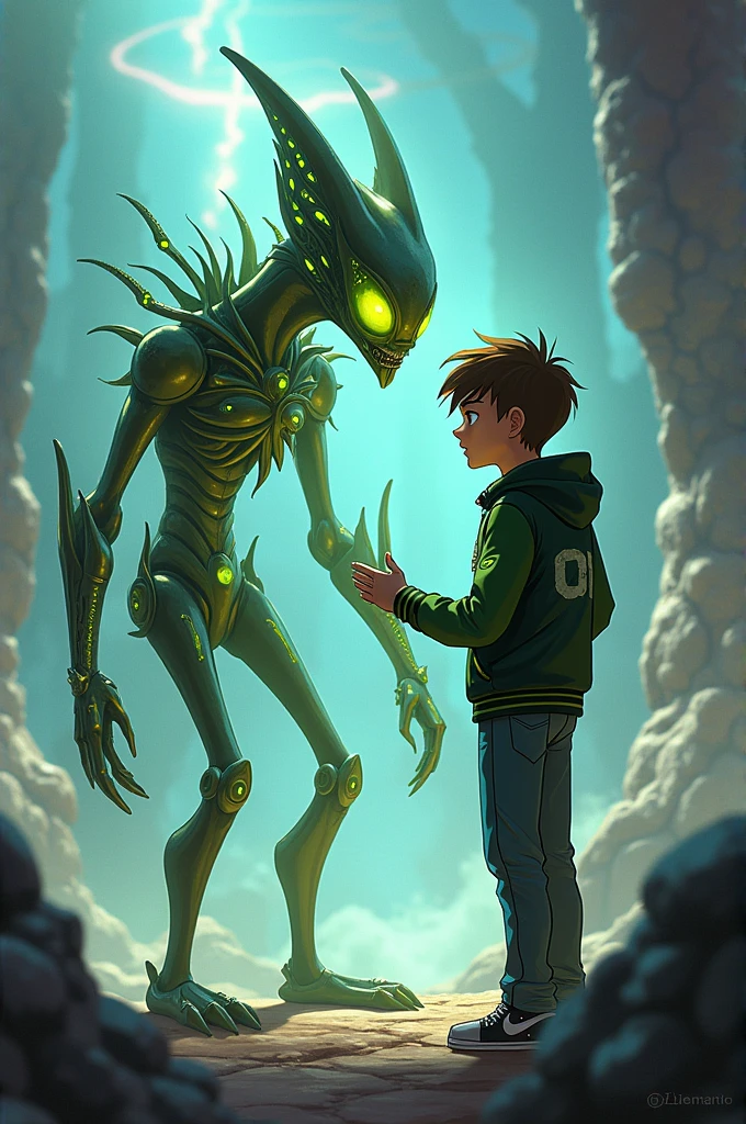 (minimalistic drawing)(dark little color)(young skinny messy hair )(Whiteshirt)(blue pants)the young man finds (very disgusting purple realistic alien)(Lugar sombrio )