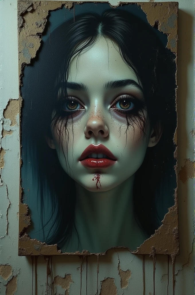 Focus on a large, aged portrait hanging crookedly on the wall. The portrait should show a woman with haunting, lifelike eyes that seem to follow the viewer. Her expression should be unsettling, with a faint trickle of blood starting from her eyes. The room should appear dark, with the portrait illuminated by a ghostly light, enhancing the eerie mood.
