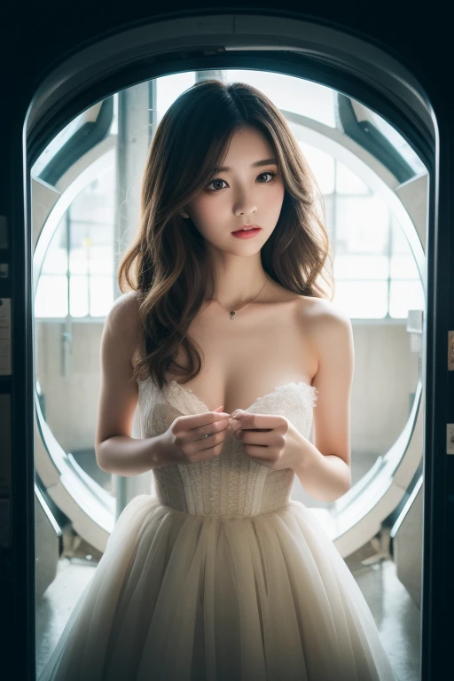 fluffyの毛皮。fluffy。(((Pair of women、ice hotel、Dark Room)))。Wedding dressを着た女性たちの写真。Wedding dress、Brown fur cape。Fisheye Lens。Multiple women。