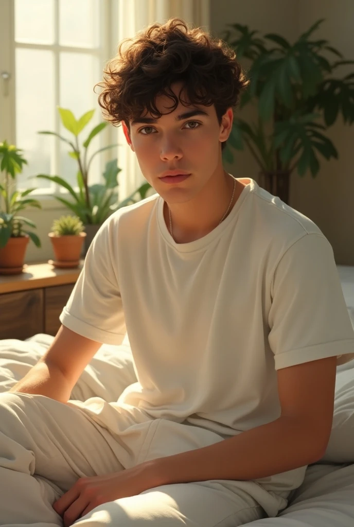 (photorealism:1.2), beautiful 176cm tall, square face shape men, sitting on bed, wearing black shirt , pajama pants, short curly hair, indoors, soft lighting, plants in background, window with sunlight, cozy room, relaxed pose, realistic, intricate details, warm colors, by Greg Rutkowski, by Alphonse Mucha