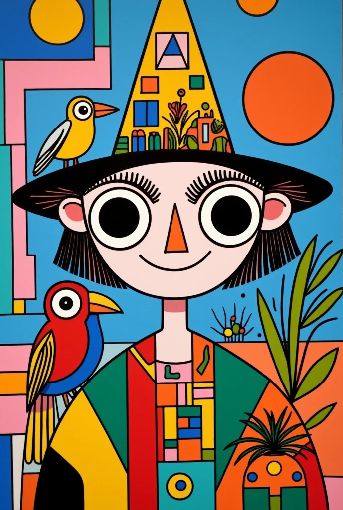    artist from the stars 。 creative colorful geometric collage ， geometric portrait with hat ，The building on the hat，  a bird standing on your shoulder，Geometric nose  ，Round eyes，eyelash，thick black lines