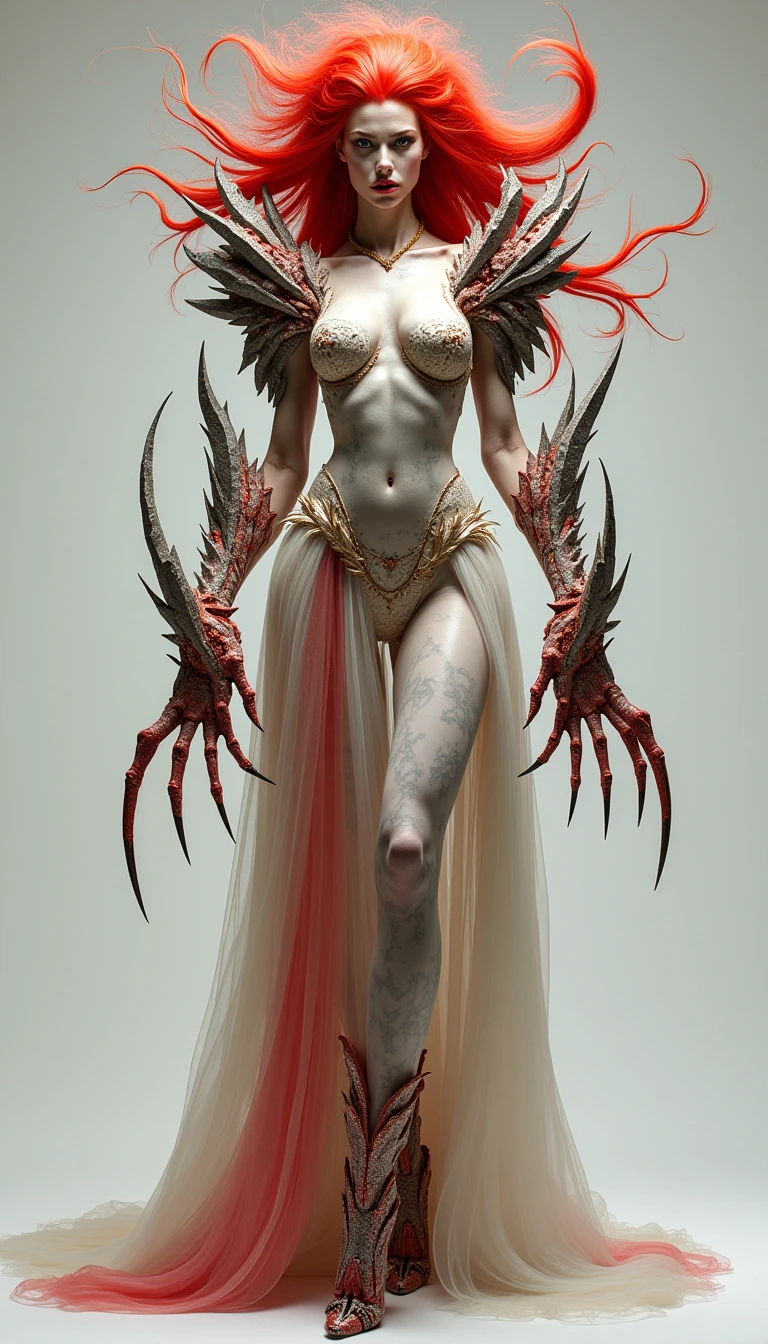 ((best quality)), ((masterpiece)), (detailed), monstrous, Beautiful, Best quality, perfect lighting, NSFW, monster smile with crooked fangs, Very skinny, disproportionately long arms, head of a vulture, scruffy dirty feathers, diseased, worms, A sinister aura, something, chained, deity, cultist clothing, cosmic horror, full body