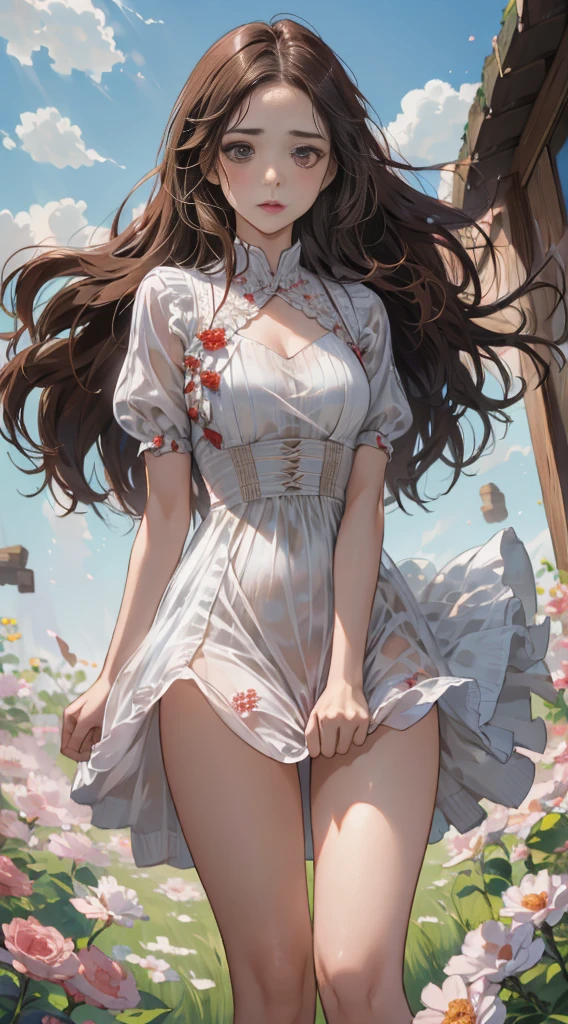 1 female, brown hair ,Red Ribbon ,((An impatient look)), Beautiful Breasts , white shirt , Red Dress ,Good style,,( Forward )((( Rosy cheeks 、  awkward expression  )),((( This dress was blown by the wind )))