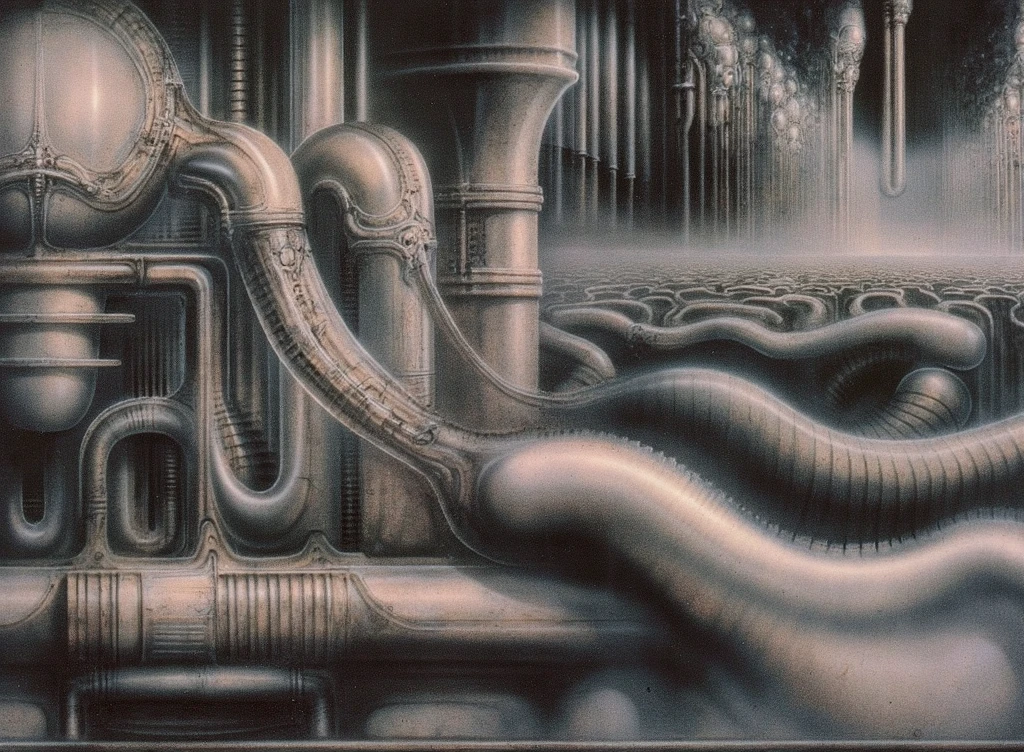 H. R. Giger's g1g3r, , Giger_style, The image is a detailed view of H.R. Giger's \" NY City  \" plate, featuring H R GIGER's biomechanical is a digital artwork featuring a mechanical structure with tubes and wires, which is situated in a dark room with a glowing light source, dence cloudy mist, strokes of steam. (A haunting and surreal image inspired by the work of H.R. Giger. The artwork depicts a biomechanical corridor, with intricate tubes and pipes snaking along the walls. A strange, organic form, reminiscent of the Alien creature, lurks in the shadows, adding to the sense of unease and mystery. The overall atmosphere is one of darkness, decay, and the unsettling nature of the unknown, best quality:1.4) The artistic manner would be unmistakably Gigeresque. A dark and unsettling beauty would permeate the piece, blurring the lines between fascination and repulsion , forever haunted by the grotesque allure. Giger's signature artistic manner would be evident in every stroke. The artist has used careful linework to depict the contours and textures in the piece, (Triadic:1.1), (Proportion:1.1),  , (Reflected light:1.2), Parchment, ultra detailed, intricate,, dry b (best quality:1.4), H.R. GIGER,  BY GIGER