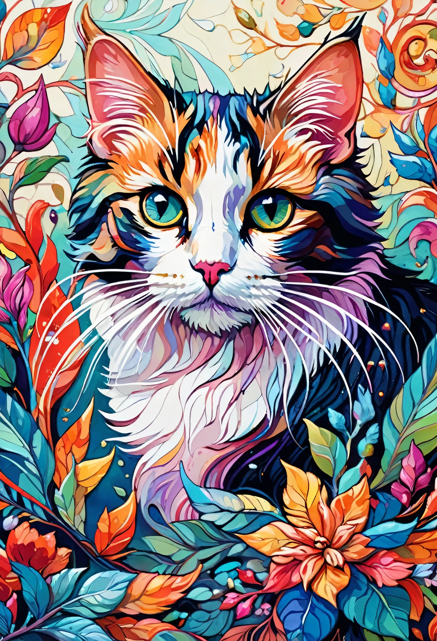 wallpaper 🐈⬛, A freaking cat, digital illustration, By Erin Hanson, Oil paint, vivid colors , Watercolor, trending on artstation, sharp focus, studio photo, intricate details, highly detailed, by greg rutkowski
